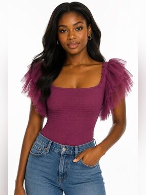 Intimately Free People Kill the Lights Smocked Plum Tulle Puff Sleeve Bodysuit